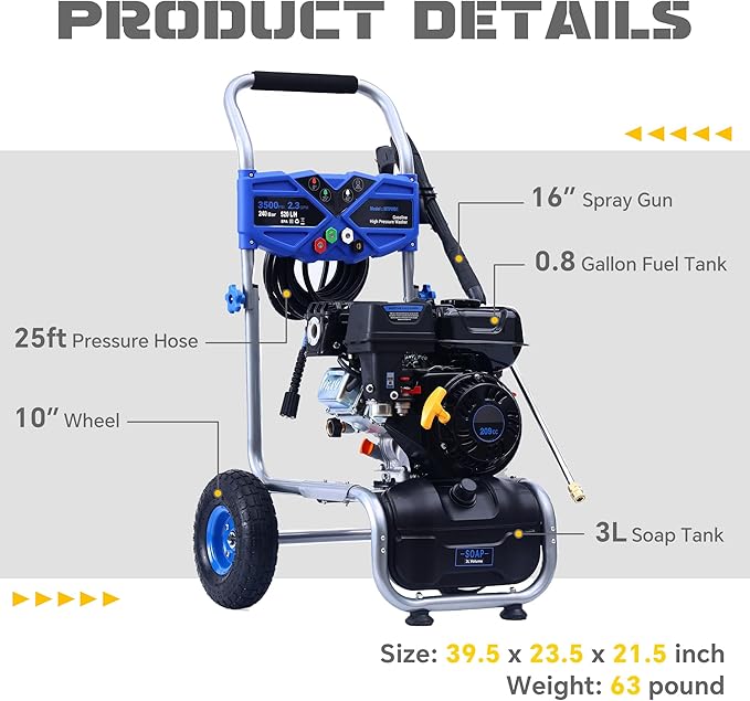 Gas Pressure Washer 3500 PSI 2.3 GPM, Power Washer with 209CC Engine, 25FT Hose, 4 Nozzles, High Pressure Cleaner for Cars, Driveways, Patios, Fences, Home Outdoor Cleaning