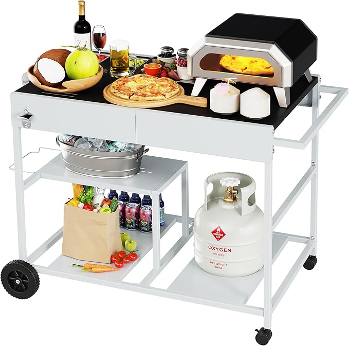 JY QAQA Outdoor Pizza Oven Stand with Condiment Shelf, Outdoor Cooking Cart, Grill Worktable for Patio, Food Prep Station Fits Ninja Woodfire Grill, Cuisinart Grill, Blackstone Griddle