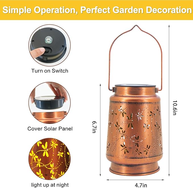 2 Pack Dragonfly Solar Lantern Lights Outdoor Decor, Hanging Metal Decorations Waterproof with LED Light, Landscape Lights for Garden Patio Yard Lawn Backyard Front Porch Gifts for Mom Grandma