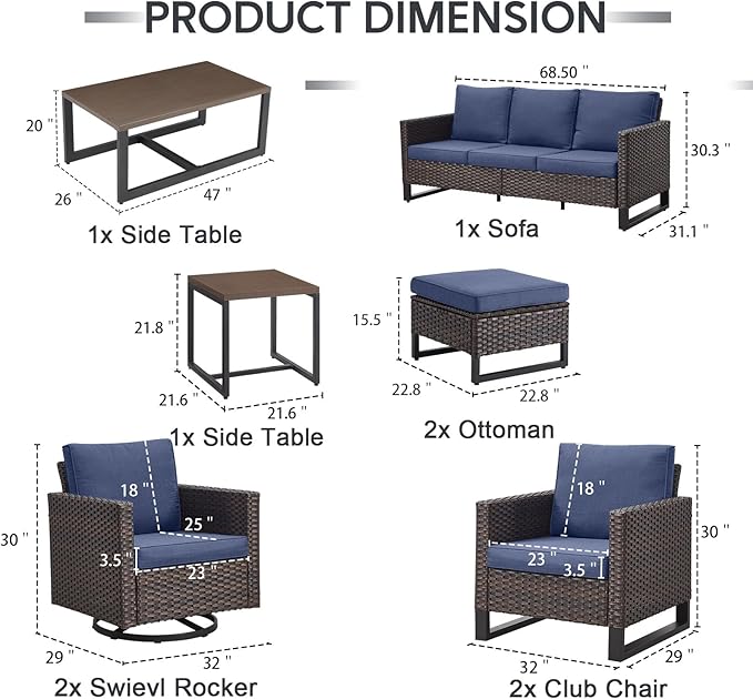 9 Piece Wicker Patio Furniture Set - Outdoor Swivel Rocker Chairs Set with Coffee Table, Rattan Chairs, 3 Seat Sofa & Ottomans, Patio Conversation Sets for Bcakyard Deck - Brown/Blue