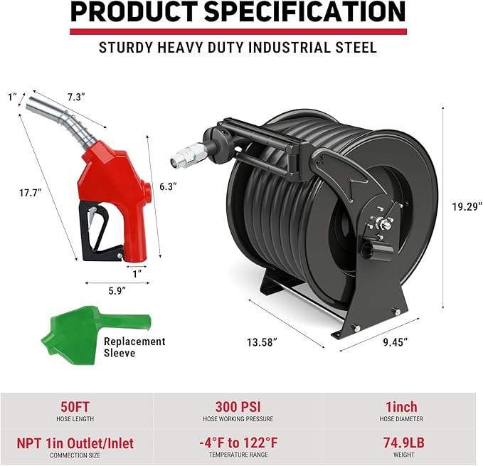 Retractable Fuel Hose Reel with Refueling Nozzle 1" x 50ft Spring Driven Diesel Hose Reel 300 PSI Industrial Auto Swivel Heavy Duty Steel Construction Reel for Ship Vehicle Tank Truck, Black