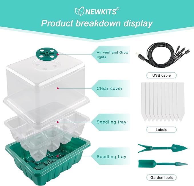 Seed Starter Tray with Grow Light, Seed Starter Kit, Plant Germination Starting Trays with Humidity Dome and Base for Greenhouse Grow Wheatgrass Hydroponic(12 Cells per Tray)(with Grow Lights)