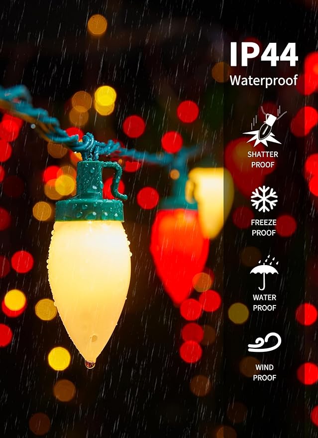 Brightown C9 LED Christmas String Lights, 66ft Vintage Outdoor Lights String with 100 Smooth Opaque Bulbs, Plug-in Waterproof Roofline Lights String for Outside Patio Christmas Holiday Decor