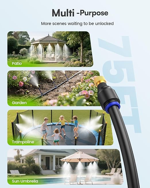 RAINPOINT Misters for Outside Patio - Upgraded 75FT(23M) Misting System Kit with Water Filter for Cooling Outdoor, 75FT Misting Line + 22 Mist Nozzles for Backyard Garden Porch Deck Greenhouse