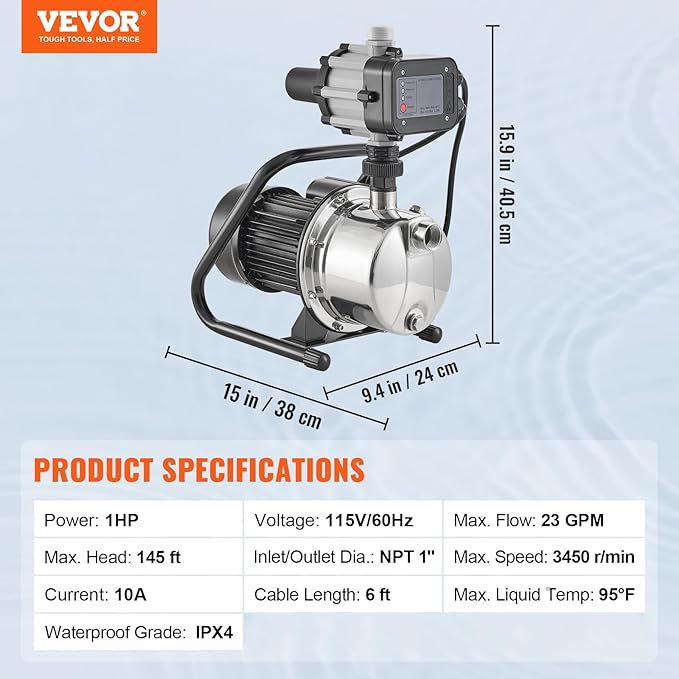 VEVOR 1HP Shallow Well Pump Portable, 1380 GPH Garden Jet Pump with Automatic Controller, 145 ft Head Stainless Steel Sprinkler Booster Pumps, for Garden Lawn Irrigation System, Water Transfer