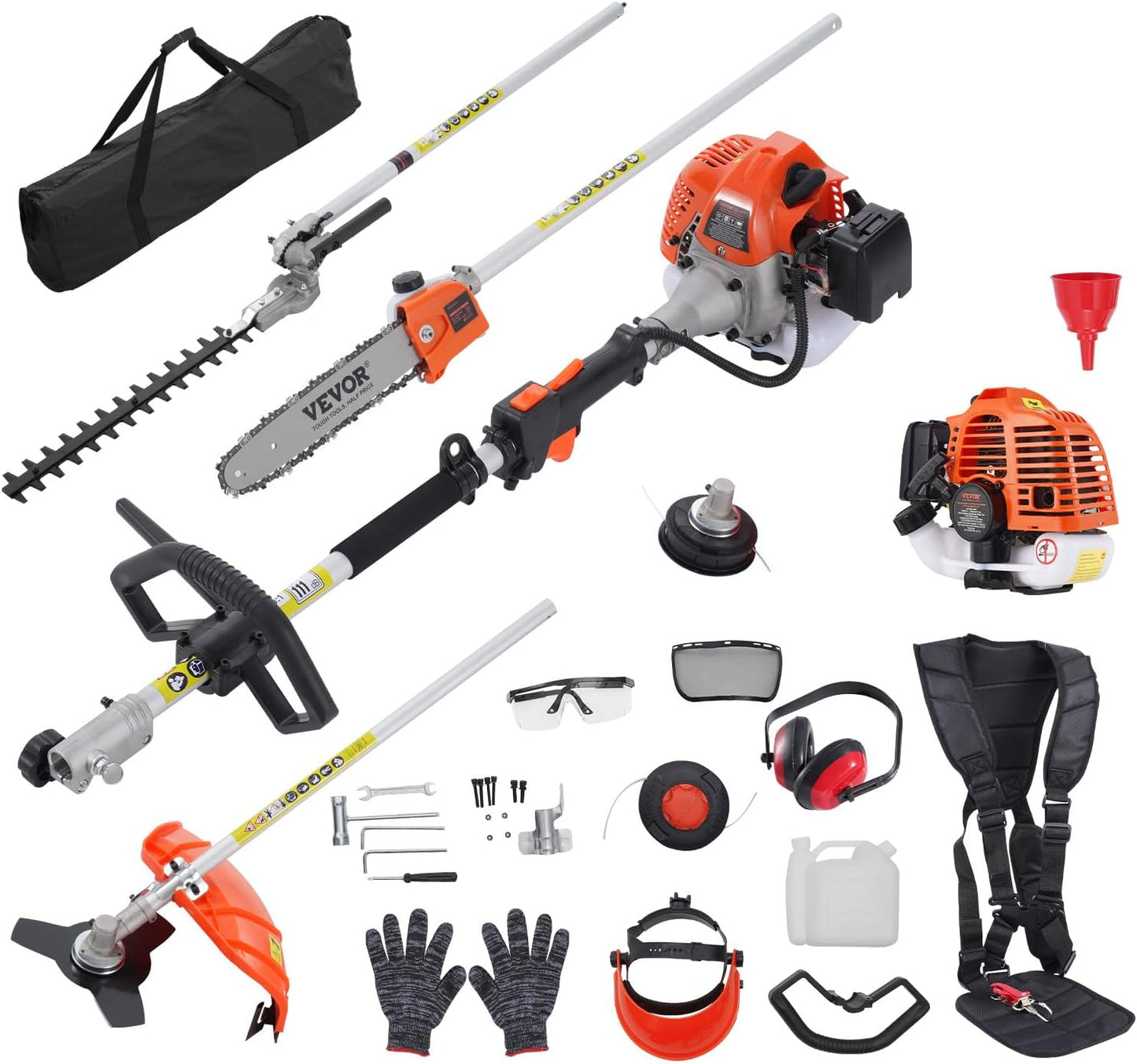 VEVOR 5-in-1 26cc 2 Cycle Gas Powered Dual Sided Hedge Trimmer, Weed Eater, String Trimmer, Edger, Pole Saw Chainsaw Pruner with EPA, CE and EMC Certification