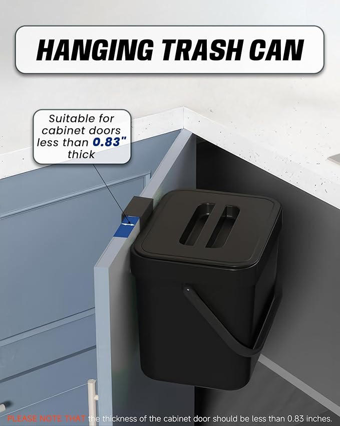 Countertop Compost Bin Kitchen, 1.8 Gallons Hanging Trash Can with Lid for Kitchen Cabinet Door, Under Sink, Wall Mounted Waste Bin for Bathroom, 7L(Black)