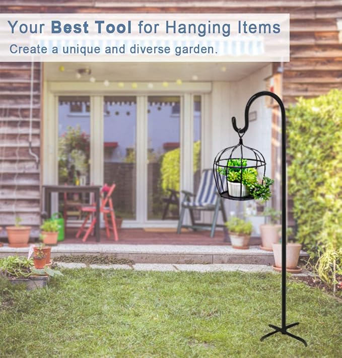 108 inch Outdoor Shepherd Hook with 5 Prong Base (2 Packs), Adjustable Heavy Duty Garden Hanging Stake for Bird Feeder Solar Light Plant Hanger Wedding Decor, Matte Black