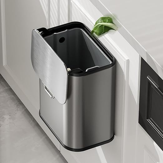 MRBIN Kitchen Stainless Steel Compost Bin with Lid Countertop, 6l / 1.6gal Small Indoor Hanging Trash Can for Cabinet Door, Small Under Sink Food Scraps Garbage Pail, Eclipse-Grey