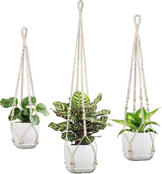 3 Pack Macrame Plant Hanger - 43"/35"/29" Different Sizes, Hanging Planter Basket Flower Pot Holder for Indoor Outdoor, with Wood Beads, Boho Home Decor, Ivory (POTS NOT Included)