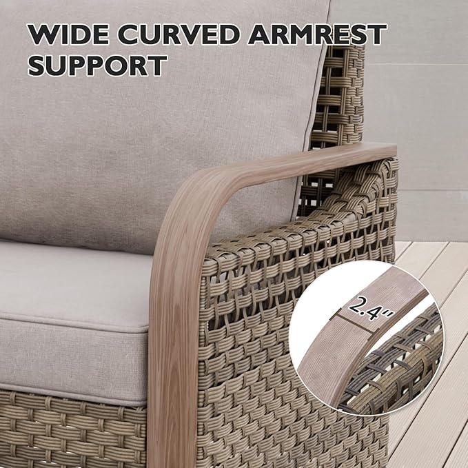 EAGLE PEAK Modern Wicker Outdoor Chair, Patio Chair Curved Armrest, Rattan Patio Furniture for Yard Deck Porch Garden, 2 Chairs 2 Ottomans, 4 Pieces, Brown/Gray