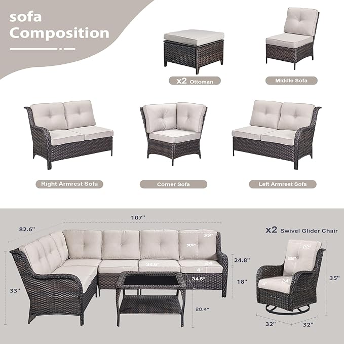 HUMMUH 9 Piece Patio Furniture PE Wikcer Outdoor Furniture Set with Sectional Sofa Swivel Patio Chairs Ottomans and Glass Coffee Table for Yard,Garden,Lawn