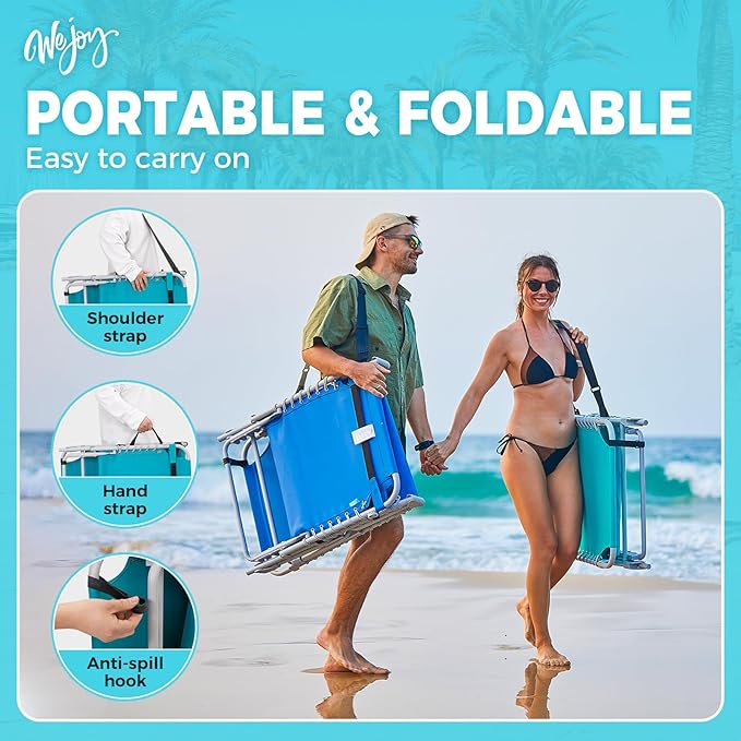 #WEJOY Folding Tanning Chair with Canopy Shade, Portable Adjustable 5-Position Patio Chaise Lounge with Pillow & Storage Pocket for Lay Flat Outdoor Lawn Backyard Beach Camping Pool (Cyan)