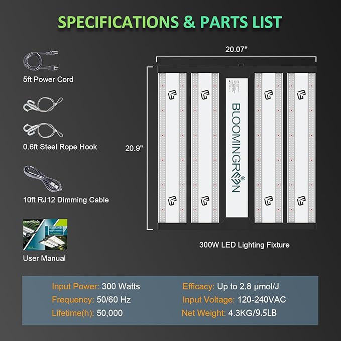 BLOOMINGREEN LED Plant Grow Lights Indoor 300W with Samsung LM301B Diodes LEDs,Commercial Full Spectrum Daisy Chain Dimmable Grow Lamp in Seedlings Vegetables Flowers 3x3/4x4ft Grow Tent Room