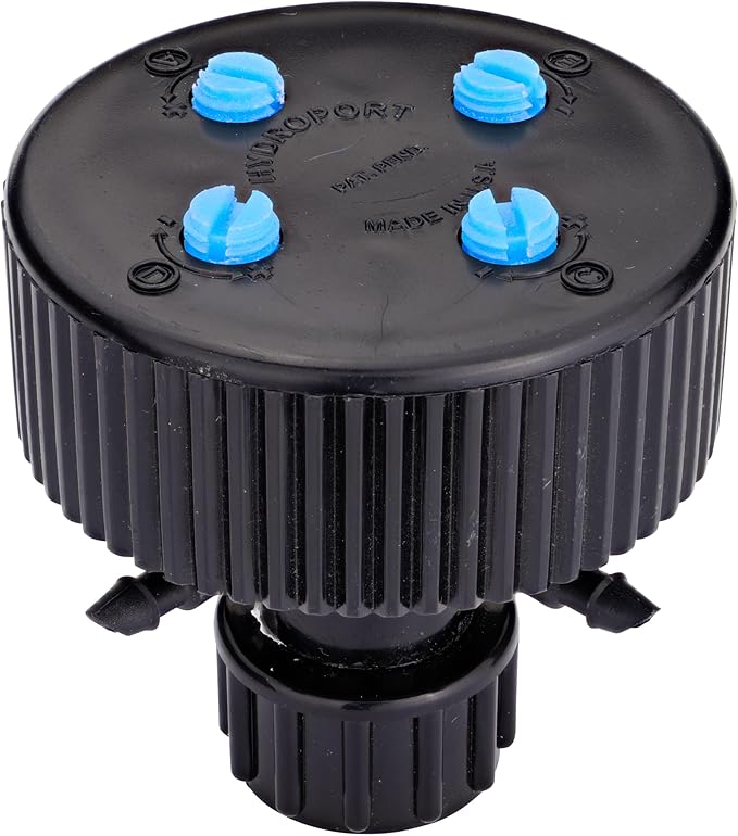 Raindrip 13400UB Hydro-Port Adjustable Four Bubbler, up to 30 GPH Per Outlet, Black-Blue