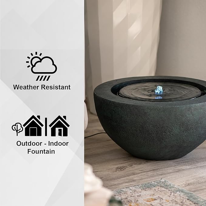 Xbrand 19.8" W Round Polyresin Indoor/Outdoor Sphere Water Bowl w/LED Light, Patio Water Fountain Decor, Dark Green, AMS3542-2