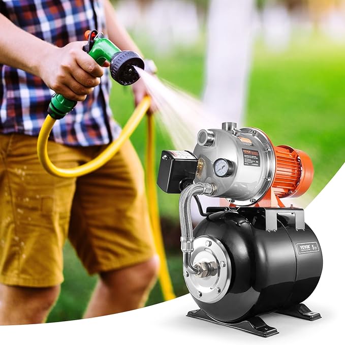 VEVOR 1.6 HP Shallow Well Pump with Pressure Tank, 1320 GPH, Automatic Irrigation Water Booster Pump with 30/50 PSI Pressure Switch for Home Garden Lawn, Certification for Drinking Water Security
