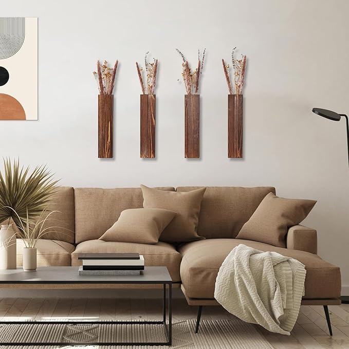 Wooden Wall Planter Set of 4 - Modern Home Decor for Living Room, Bedroom, Bathroom - Walnut Finish Planter for Dried Flowers, Faux Greenery, Indoor Plants