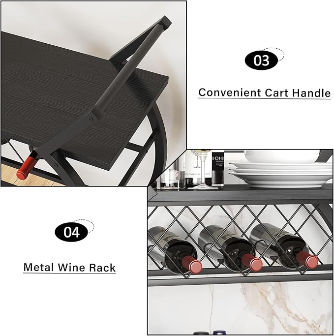 LVB Black Wine Cart with Wheels, Modern Bar Cart with Wine Rack, Industrial Beverage Rolling Kitchen Serving Cart with Storage, Metal Wooden Microwave Drink Liquor Cart for Home Dining Room, Black Oak