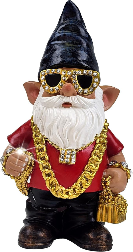Better Office Products Garden Gnome Statue, 12" Height, Handcrafted Waterproof, UV-Resistant Polyresin Lawn Patio Porch Ornament Decoration (Bling Rapper with Solar Light)