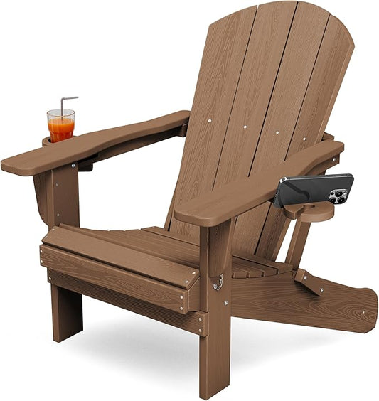 KINGYES Folding Adirondack Chair, Dual Cup Holders & All-Weather HDPE, Wood-Like Patio Chair, Brown