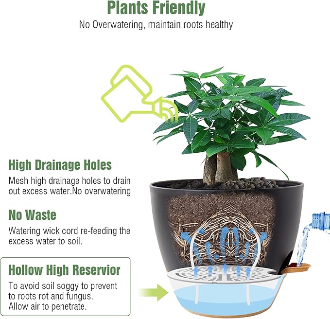 12 inch Large Self Watering Pots, Plastic Planters with 60oZ Removable Deep Reservoir and Multi Mesh Drainage Holes for Indoor Outdoor Garden Plants and Flowers, Black with Brown