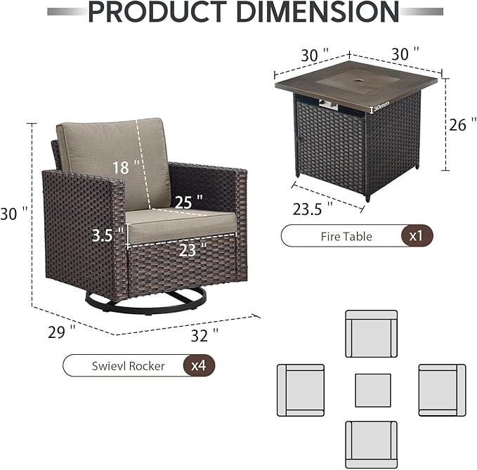 Outdoor Swivel Rocker Chairs Set of 4 with Fire Pit Table - 5 Peice Wicker Patio Furniture Set Conversation Set with 50,000 BTU Fire Pit for Deck Backyard - Brown Wicker Grey Cushion