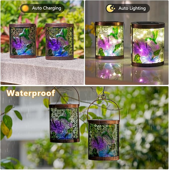 Starsoul 2 Pack Hanging Solar Lantern Outdoor Waterproof Glass Hummingbird Decorative Solar Lights for Outside Garden Yard Table Patio Decor
