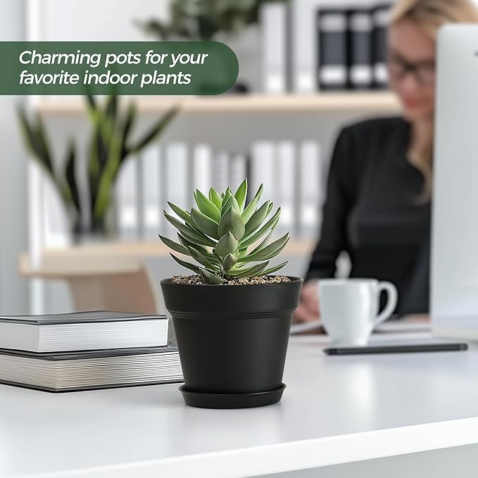 T4U 5 Inch Plant Pot 8-Pack, Plastic Pots with Drainage Hole and Saucer, Decorative Flower Pots Bulk for African Violet, Snake Plant, Succulent and All House Plants Indoor (8pcs 5" Pots, Black)