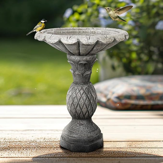 watnature 24.8" H Cement Modern Outdoor Bird Bath - Fibre Reinforced Concrete Bird Baths for Garden, Large Size Elegant Carved Garden Birdbaths with Pedestal for Patio, Backyard, Lawn Decor