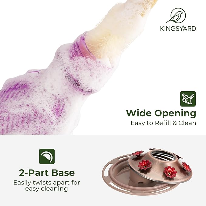 Kingsyard Glass Hummingbird Feeders for Outdoors, 24 oz Hummingbird Nectar Feeder for Outdoors Garden Yard D�cor, 6 Feeding Ports, Ant Moat Included, Easy to Clean & Refill, Purple