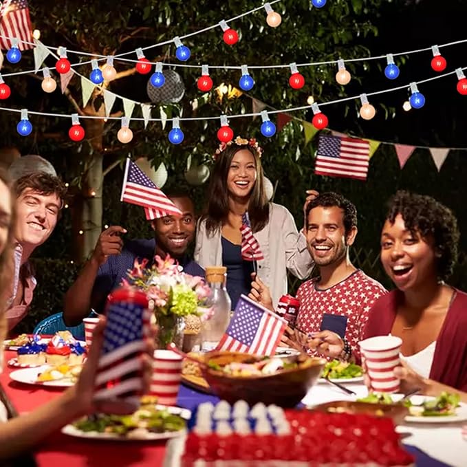 4th of July Decorations String Lights, 25Ft Outdoor Patio String Lights with 27 G40 Red White and Blue Light Bulbs(2 Spare), Independence Day Lights for Patriotic Party Garden Festival Decor- White