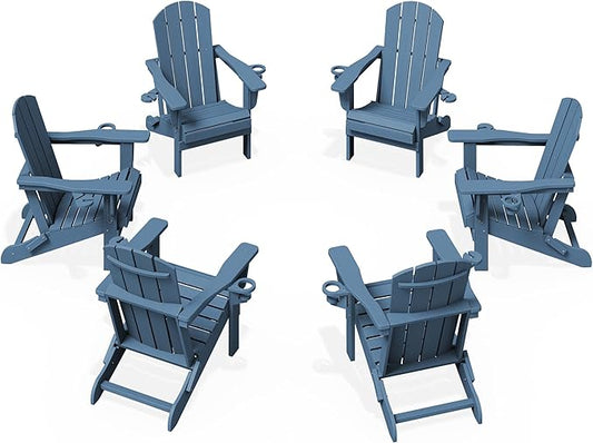 KINGYES Folding Adirondack Chair Set of 6, Dual Cup Holders & All-Weather HDPE, Wood-Like Patio Chair for Backyard, Camping,Pool & Fire Pit, Navy