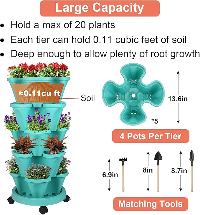 Vertical Planter 5 Tier Stackable Planters Garden Planters Strawberry Herb Flower and Vegetable Planter Indoor Outdoor Gardening Pots with Removable Wheels and Tools