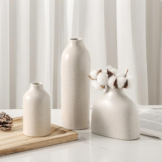 Ceramic Vase Set of 3, White Flower Vase Home Decor,Modern Farmhouse Decor,Pampas Grass Dried Fresh Flowers Living Room,Bookshelf Decoration, Centerpiece Table Decor,Boho Decor.(White)