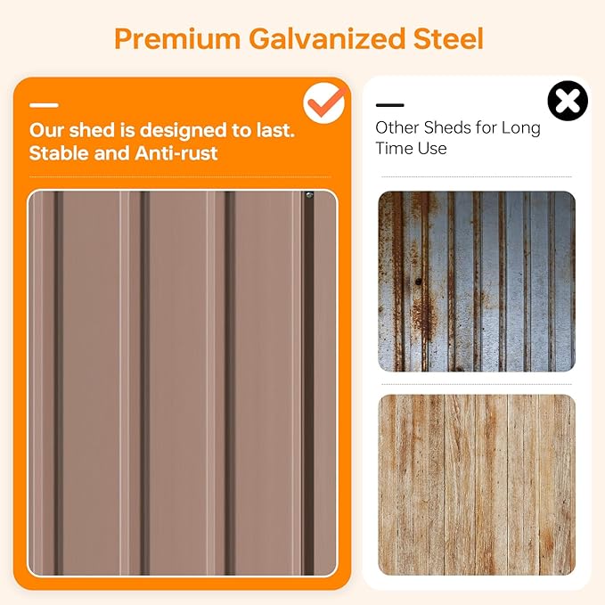 8x10 FT Outdoor Storage Shed, Utility Steel Tool Shed with Lockable Door and Air Vents, Galvanized Metal Shed for Garden Backyard Patio Lawn (8'x10', Brown)