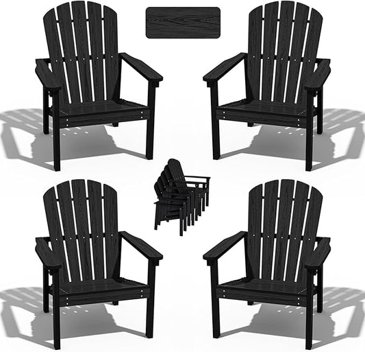 Stackable Adirondack Chair Set of 4, HDPE Outdoor Patio Chair - Durable and Space Saving, Suitable for Porches, Lawns or Garden, Black