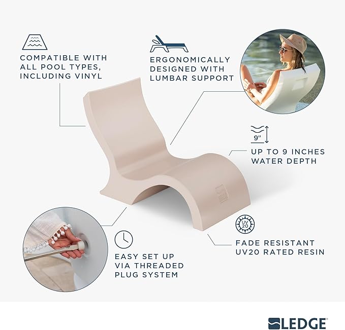 Ledge Lounger Signature Lowback Chair for in Pool or On-Deck Use - Ideal Water Depths 0-9 White Pool Lounge Chairs Set of 2 for Socializing