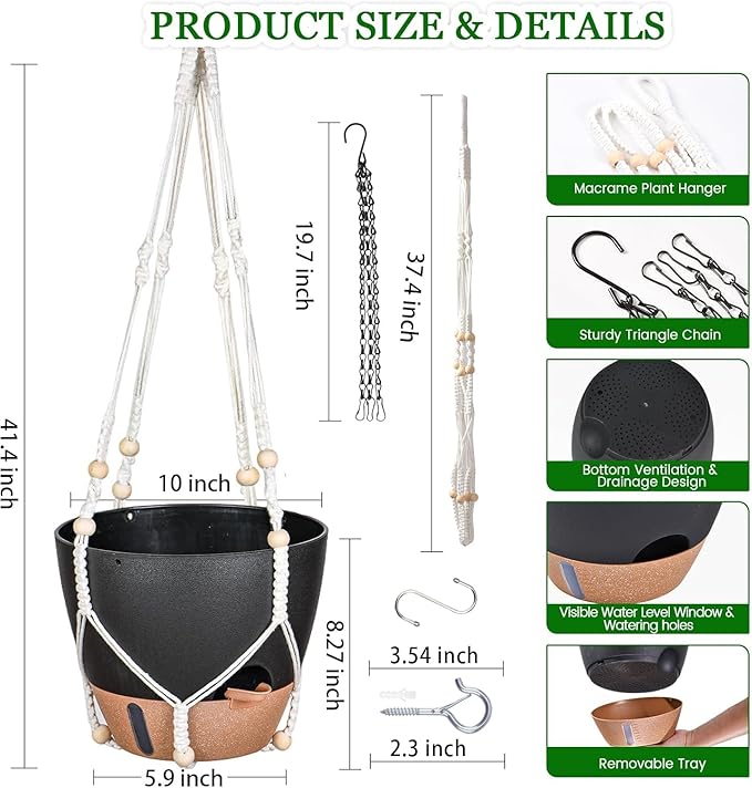 10 Inch Hanging Planters for Indoor Plants, 2 Pack Self Watering Hanging Baskets Flower Pots with Drainage Hole, Visual Reservoir & 2 Kinds of Plant Hanger for Outdoor Garden Home Decor（Black）