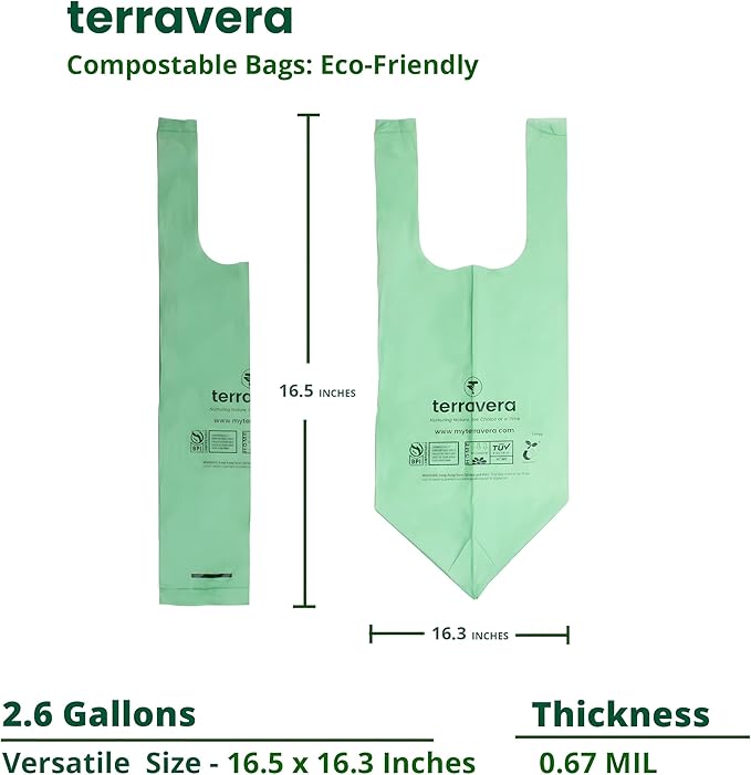 2.6 Gallon Compostable Food Scrap Bags - Handle Tie (100 Count) | BPI & OK Home Certified | Counter Top Bin, Kitchen Trash, Home & Yard Waste Bags