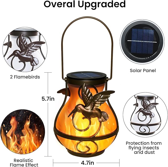 Solar Lights Outdoor Decorative, Hummingbird Flickering Flame Lantern Waterproof, Garden Decor Hanging Lights for Outside Patio Pathway Yard, Christmas Birthday Gifts, 2 Pack