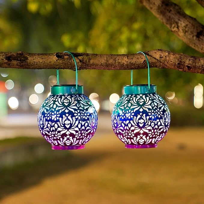 2 Pack Outdoor Solar Hanging Lantern Lights Metal LED Decorative Lamp for Garden Patio Courtyard Lawn and Table with Hollowed-Out Design (Royal Purple)