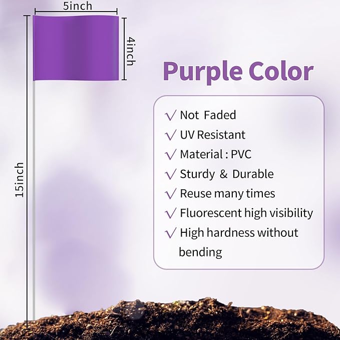 Zozen 50Pack Purple Marking Flags, Writable | 15x4x5 Inch, Yard Flags for Lawn & Irrigation & Landscape & Sprinkler & Survey & Dog Training.