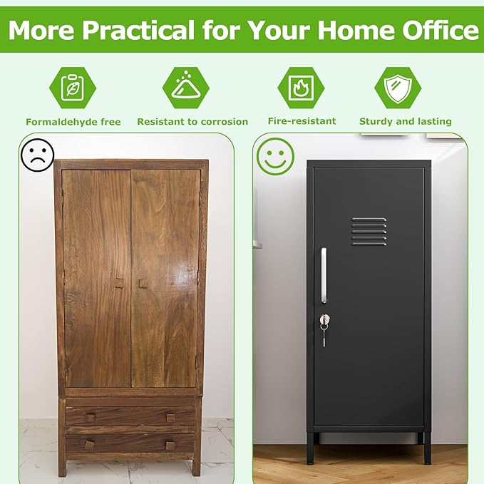 35" Metal Storage Locker, Lockable Employees Metal Locker with Door and Adjustable Shelves, Steel Locker for Home, School, Office, Gym (Black)