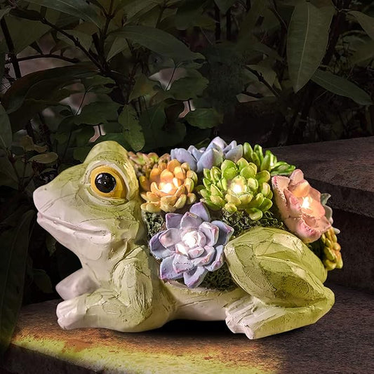 pearlstar Garden Statues, Frog Solar Statue Garden Decor Clearance, Cute Resin Frog Figurines with 7 LED Solar Lights Lawn Decorations for Patio Yard Gifts for Mom Grandma Housewarming