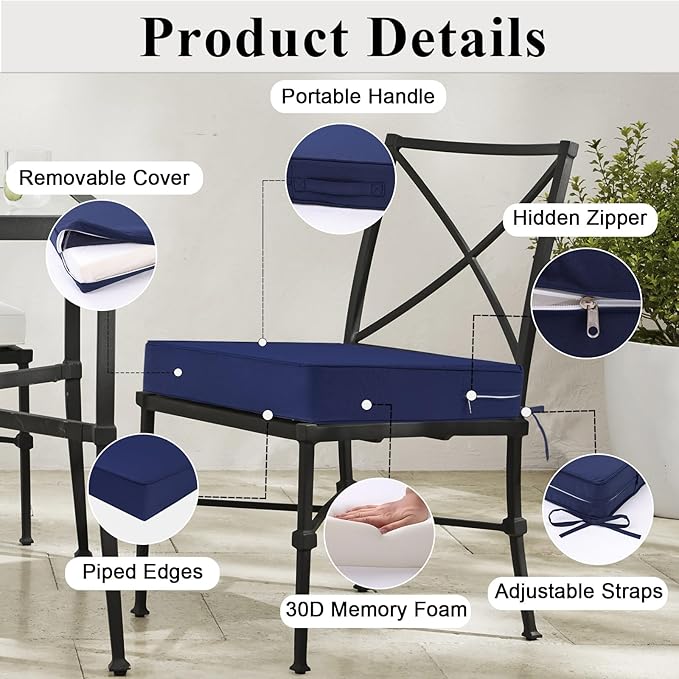 Outdoor Chair Cushions Set of 2 for Patio Furniture 18.5x16x3 Inch Waterproof Patio Chair Cushion 3 Year Color Fastness Rectangle Elastic Foam Garden Couch Pads with Ties and Handle,Blue