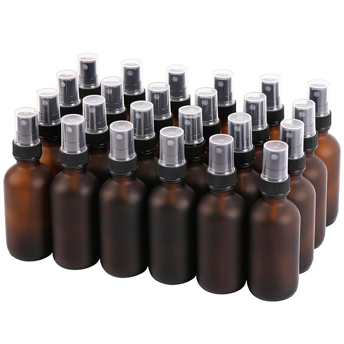Amber Glass Small Spray Bottles 2 oz 24 Packs,Fine Mist Sprayer Pretty Finish,Refillable Containers mini spray bottles for Cleaning Solutions and Skin Care (Amber Frosted 24Pack)