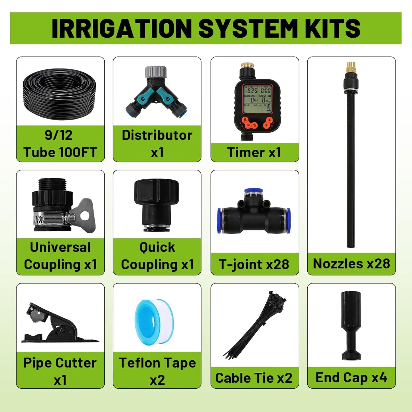 Drip Irrigation Kit - 100 FT. Hose Sprinkler System with 360° nozzles and T-connectors for Gardens, lawns, Plants, Flower beds, Trees, patios and hydroponics (Closeable nozzle-28)