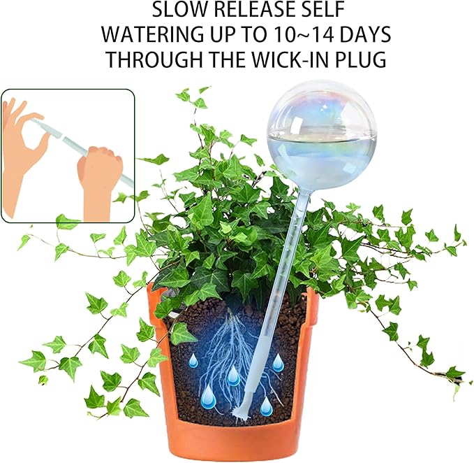 13oz Self Watering Globes (4 Pack),Large Glass Plant Water Bulbs for Vacation, Automatic Drip Irrigation,Iridescent Rainbow Watering Stakes for Indoor & Outdoor Plants (Up to 2 Weeks Hydration)