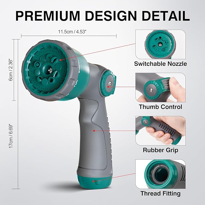 Garden Hose Nozzle, Water Hose Nozzle Heavy Duty, Hose Sprayer Nozzle with 10 Adjustable Patterns, Spray Nozzles for Garden Hose, Hose Sprayer Thumb Control for Plants, Lawn, Garden, Car, Pet